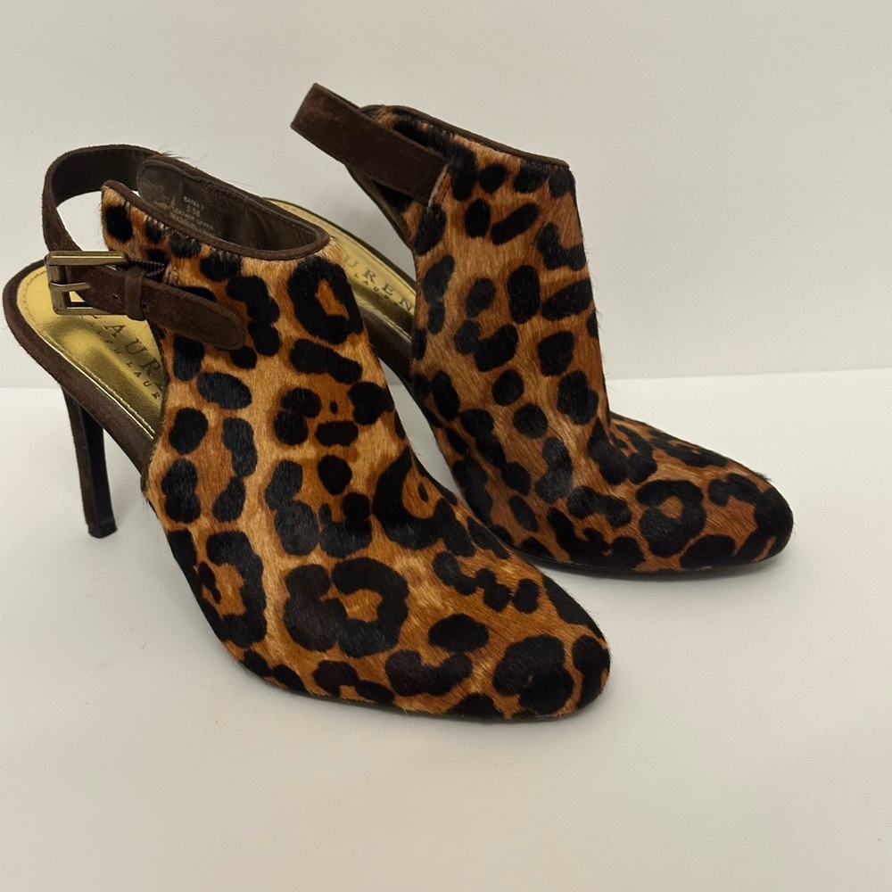 Ralph Lauren Rayna Leopard Print Calf Hair Leather Sling Back Bootie Heels